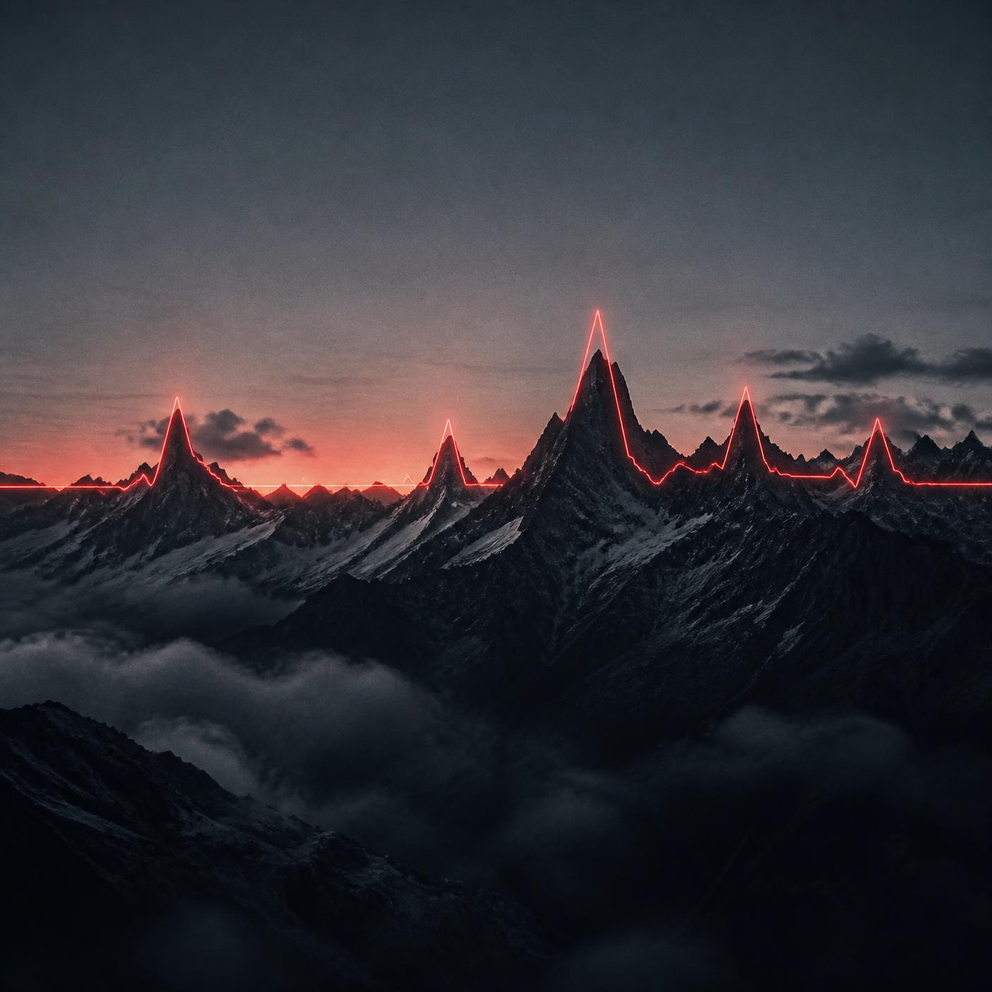 Crête de montagne au crépuscule, traversée par une ligne de rythme cardiaque rouge dont les pics épousent les sommets